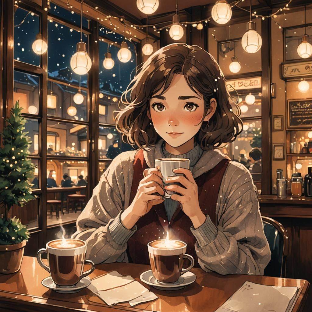 Italian Girl Sips Hot Chocolate in Art Deco Bar at Christmas