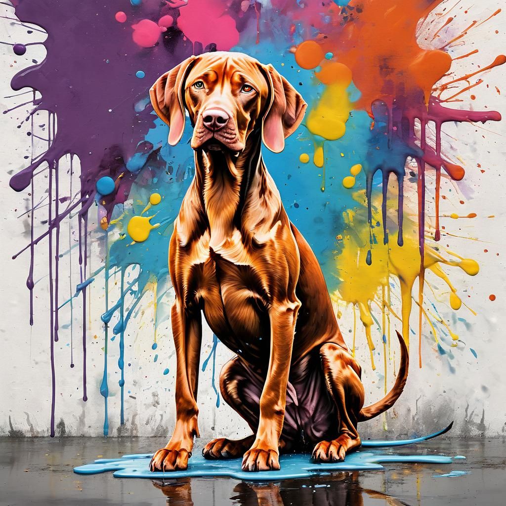 Happy Vizsla Dog in Watercolor Splash Art Style