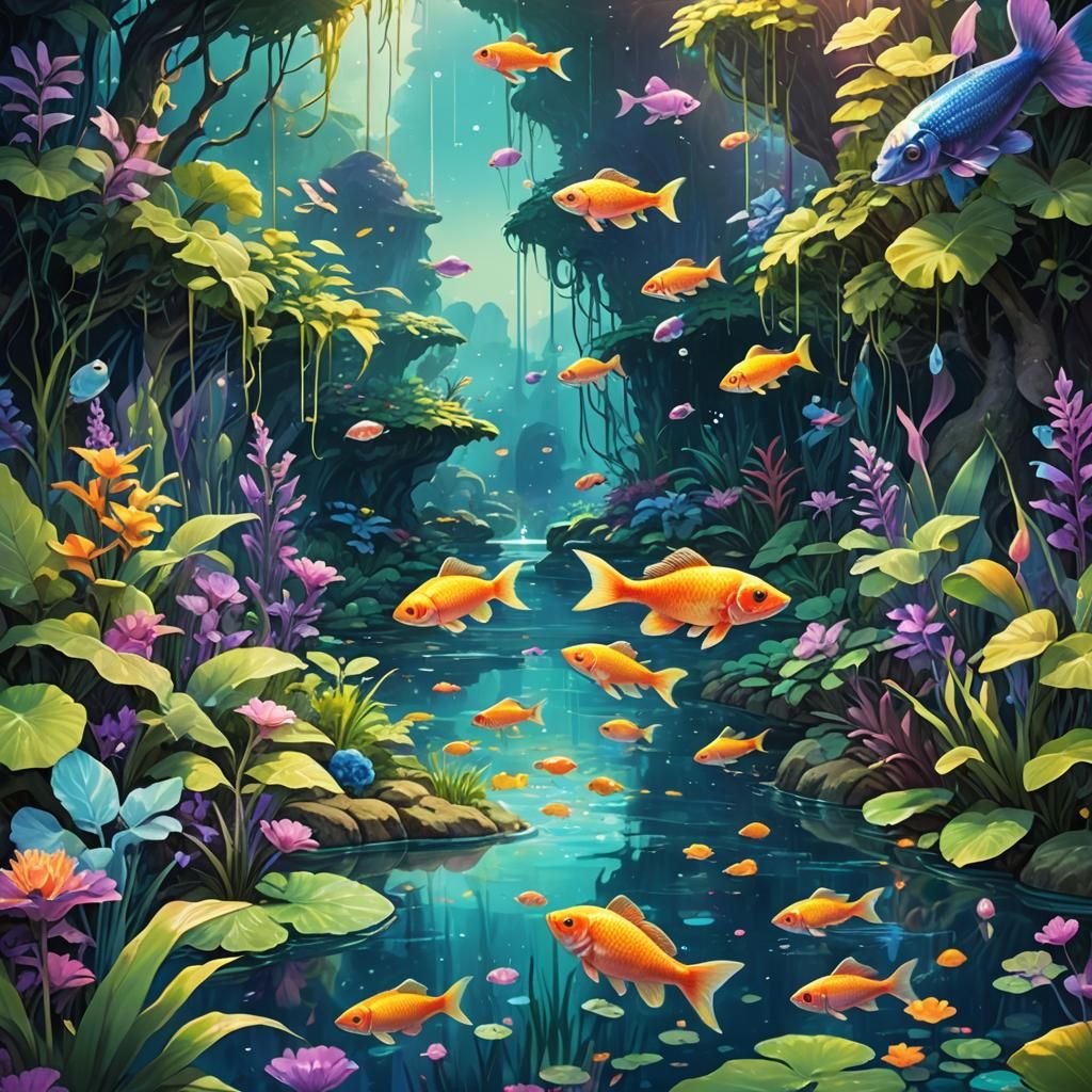 Mystical Garden with Floating Fish, Fantasy Art