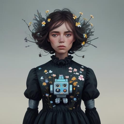 Robot in Floral Dress Close-Up Portrait