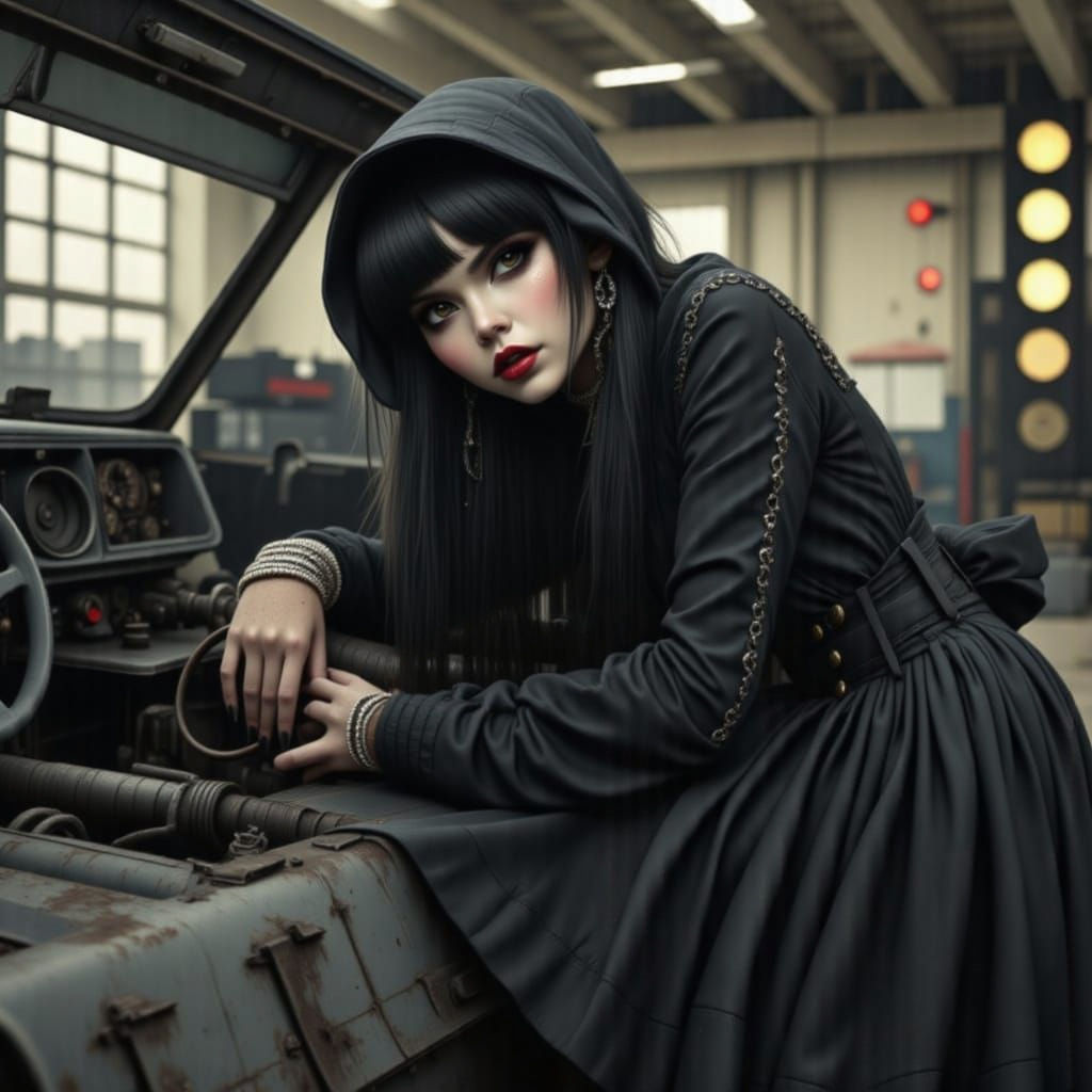Goth Mechanic with Car in Grunge Style
