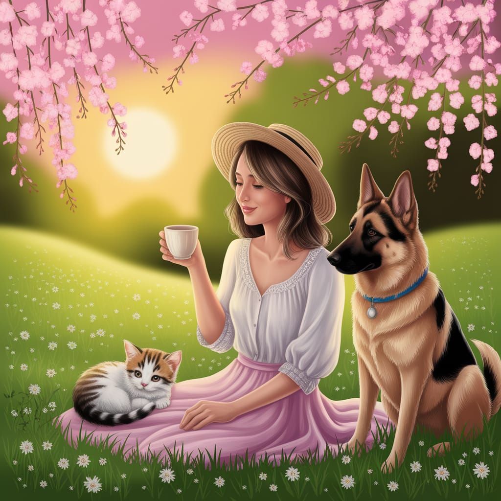 Spring Meadow Scene with Woman, Kitten and Dog