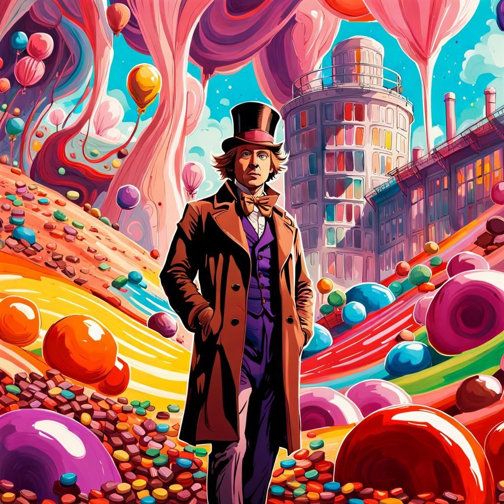 Willy Wonka in a Candy Wonderland, Watercolor Style