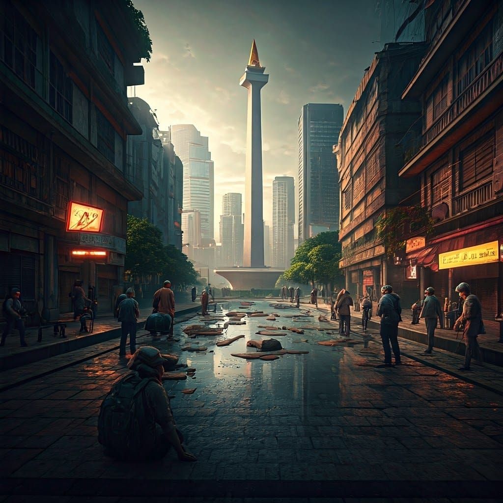 Vibrant Jakarta Cityscape at Dusk, Fantasy Concept Art