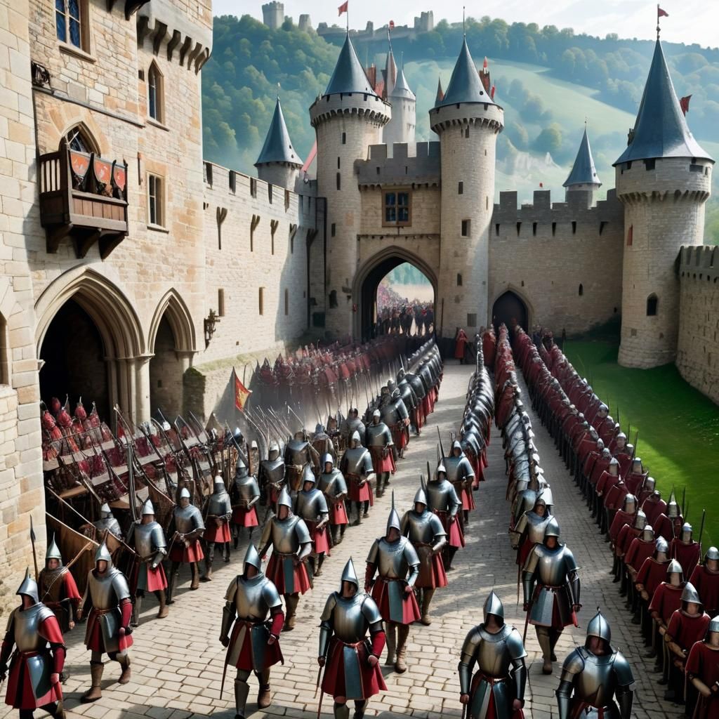 Medieval Army Marches from Castle