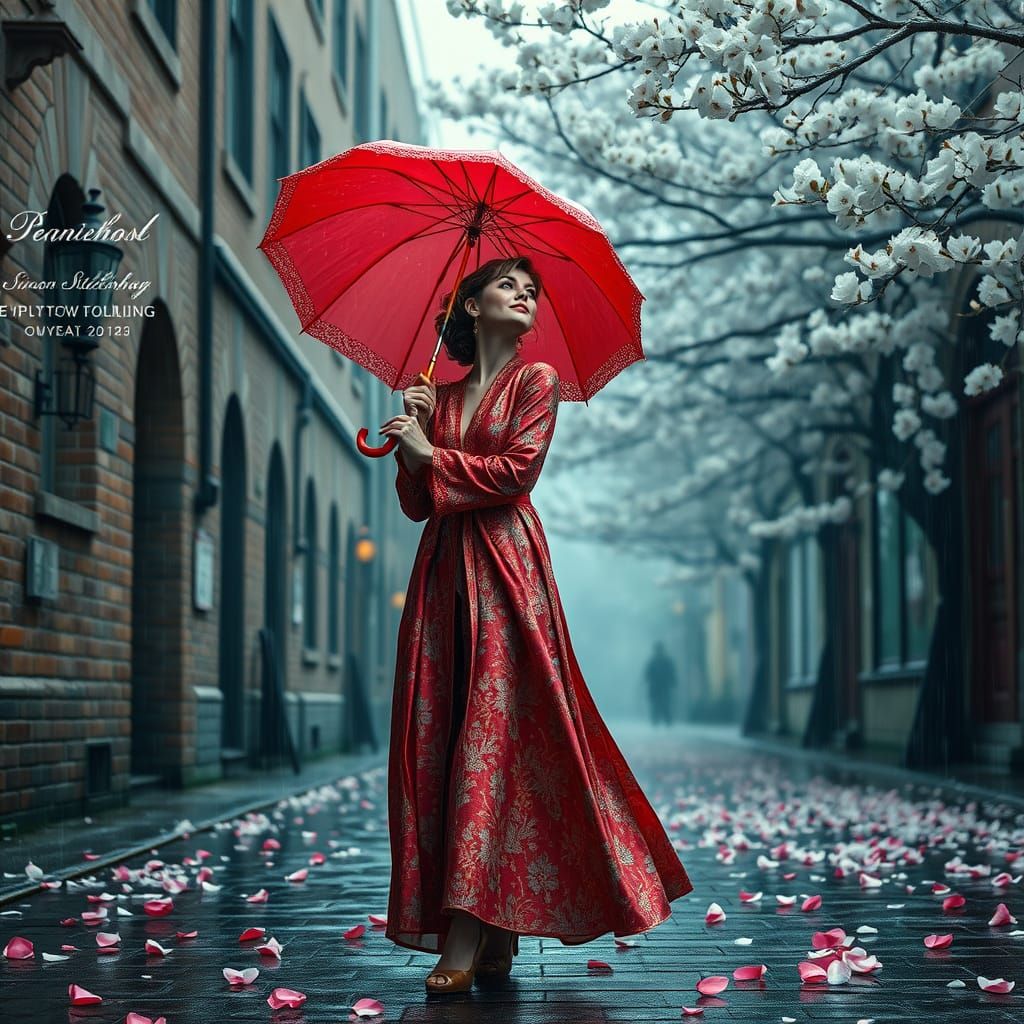 Woman Walks Down a Brick Street with a Vibrant Red Umbrella ...