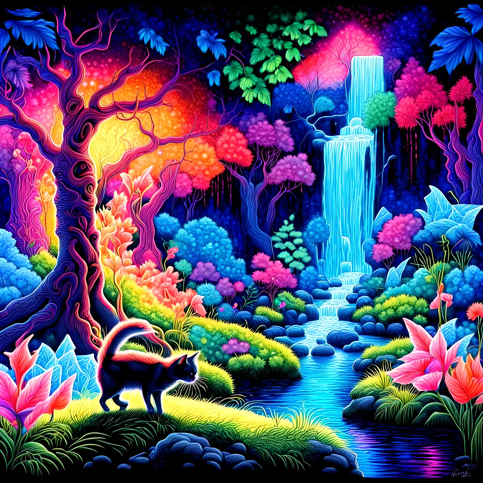 Fantastical faerie landscape in a neon black light fantasy s...