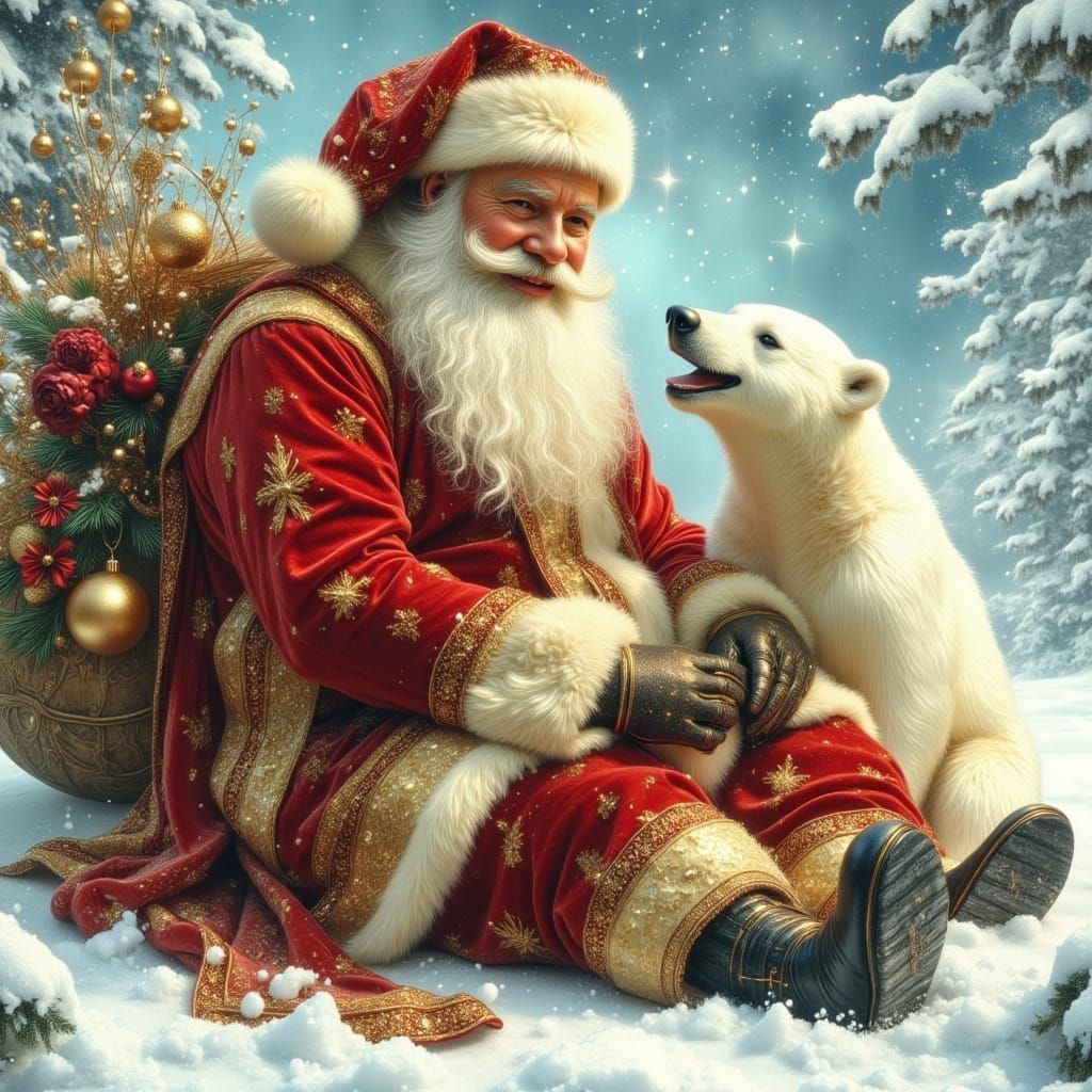 Jovial Santa Claus with Polar Bear in Arctic Landscape