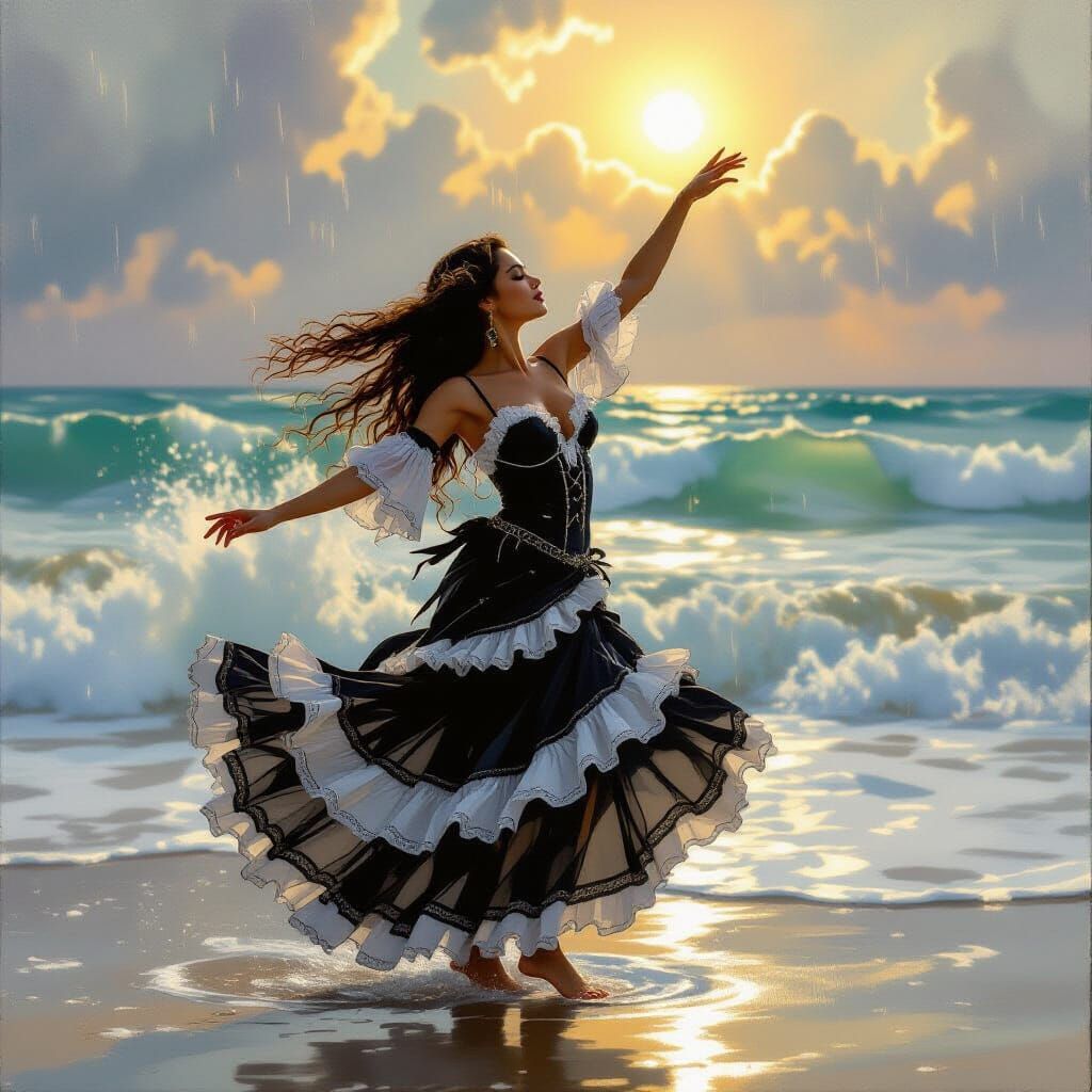 Roma Dancer in Ruffled Lace Dress Dancing in Golden Hour Rai...