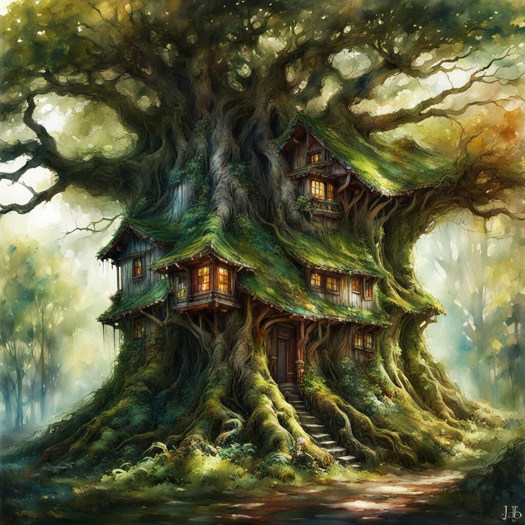 Mossy Tree Village in Digital Watercolor Style