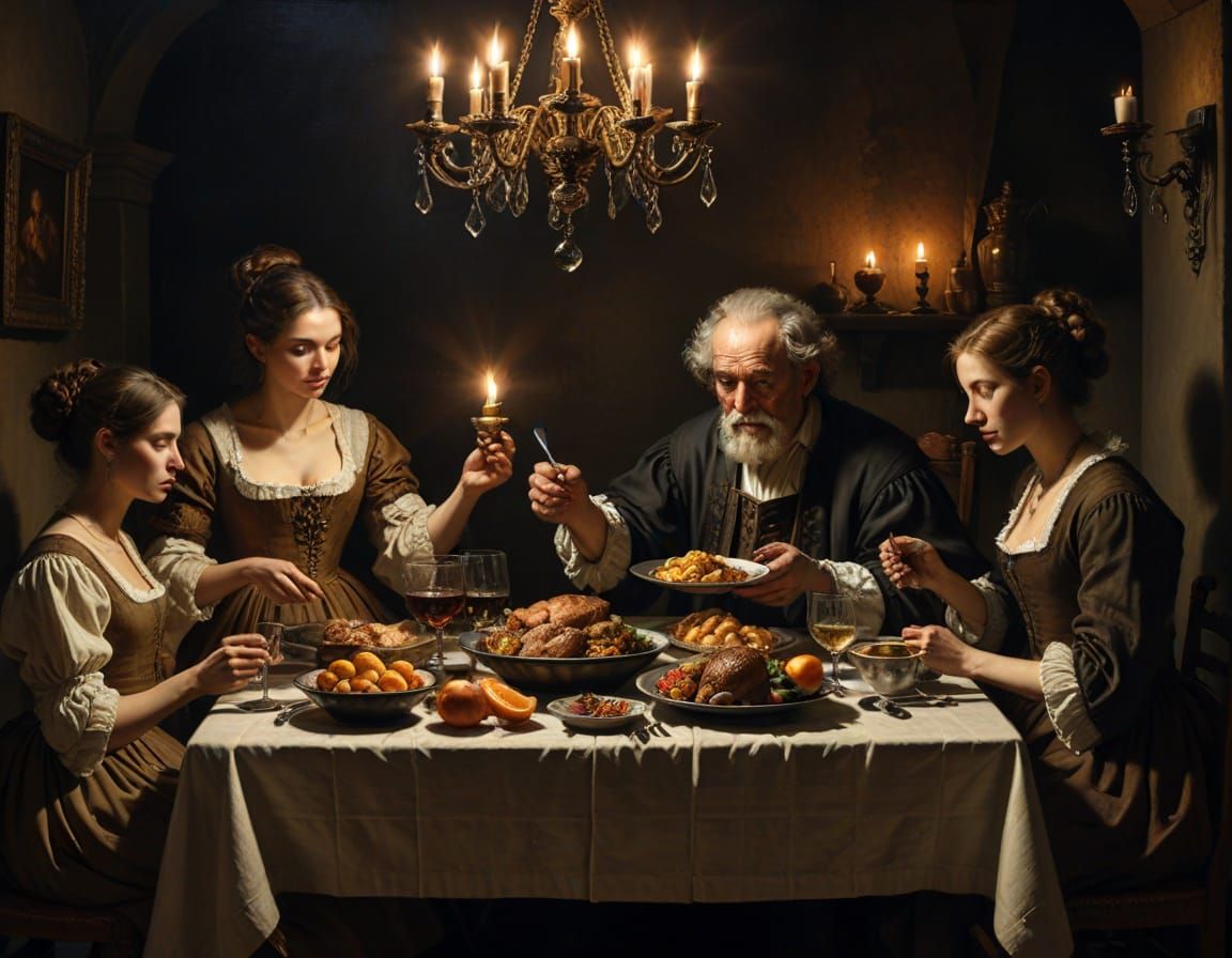 Family Dinner Prayer by Candlelight in Dutch Golden Age Styl...