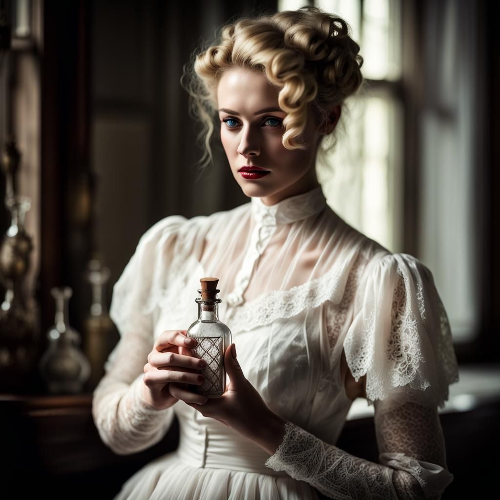 Edwardian Woman with Poison in Victorian Laboratory