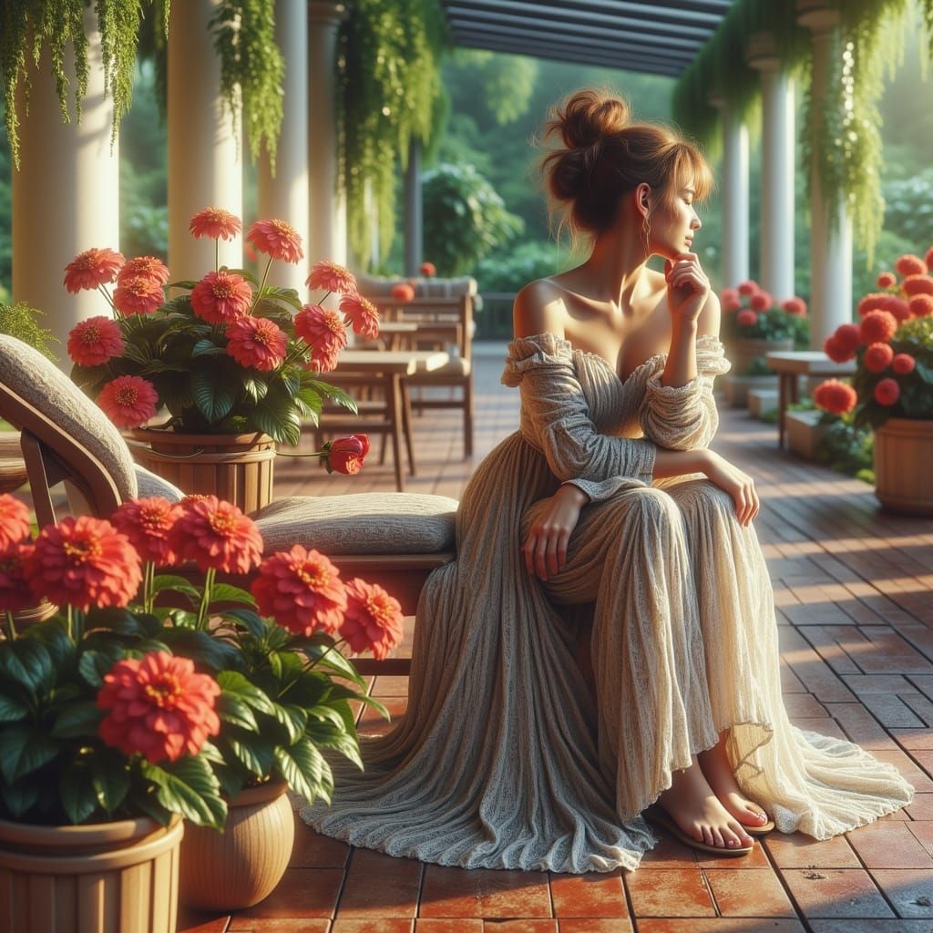 Elegant Woman in Flowing Gown, Surrounded by Vibrant Geraniu...