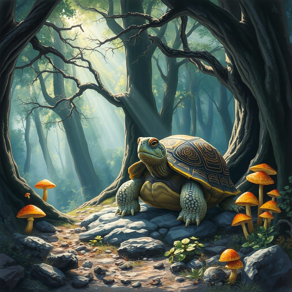 Wise Turtle Meditating in Forest Clearing