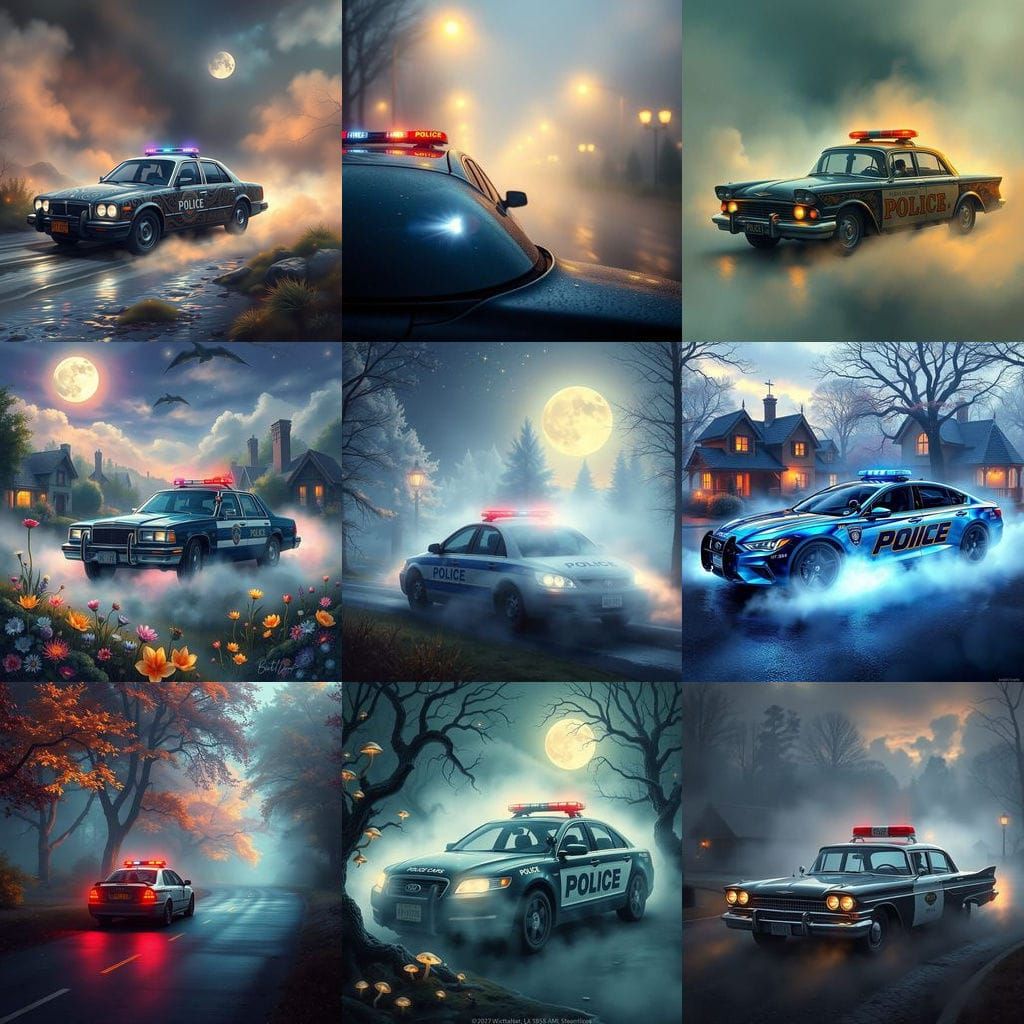 Ethereal Police Car in Whimsical Fantasy Landscape