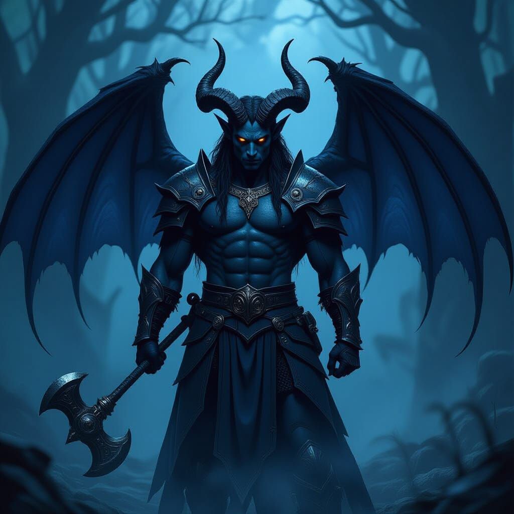 Winged Tiefling Warrior in Dark Forest