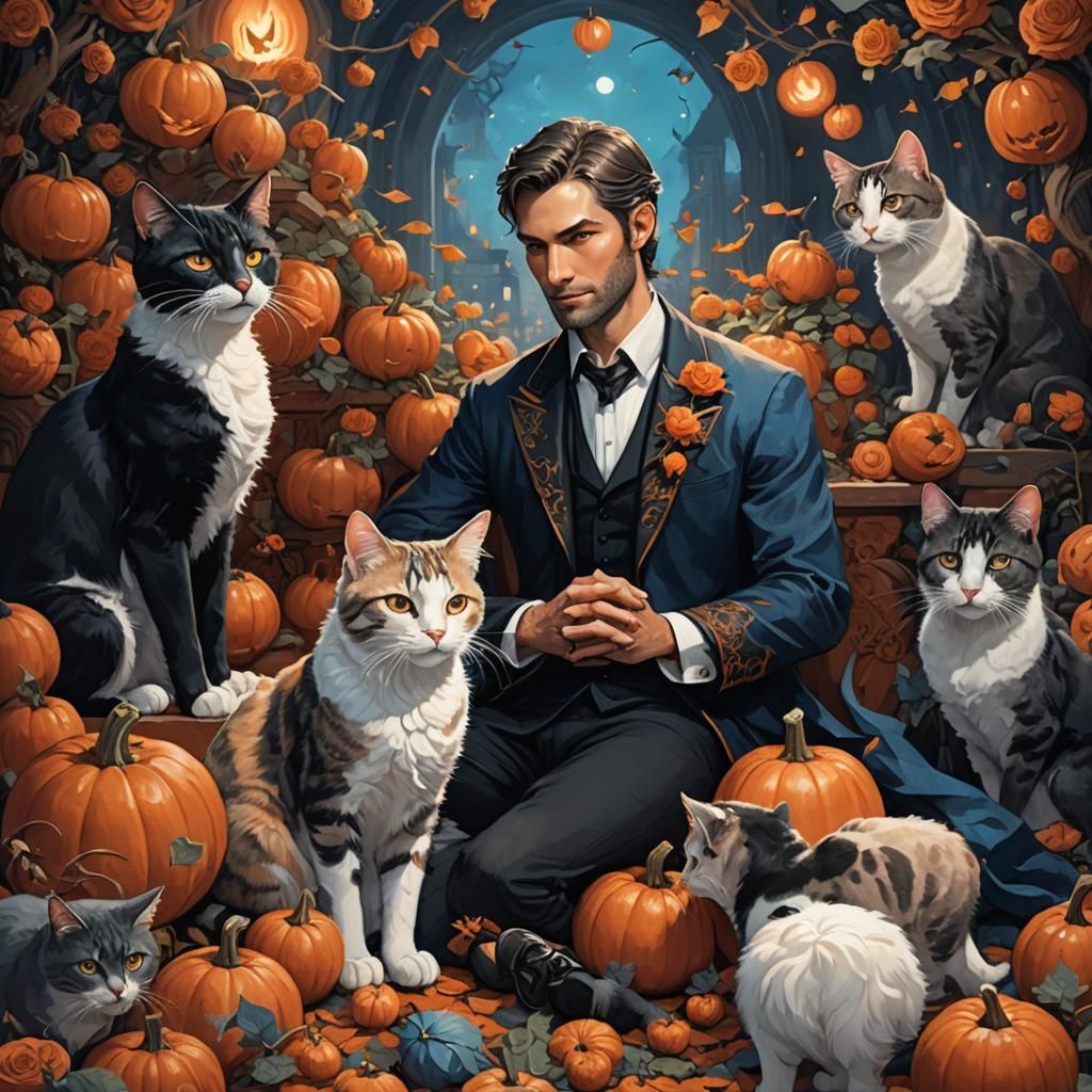 Lucifer Surrounded by Cats and Roses in Fantasy Art