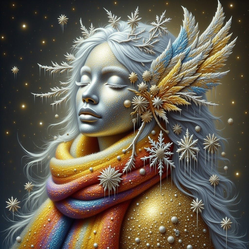 Surreal Woman Adorned with Sparkling Ornaments in a Frozen W...