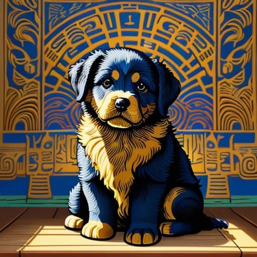 Cute Puppy in Sunlit Room Oil Painting with Art Nouveau Lino...