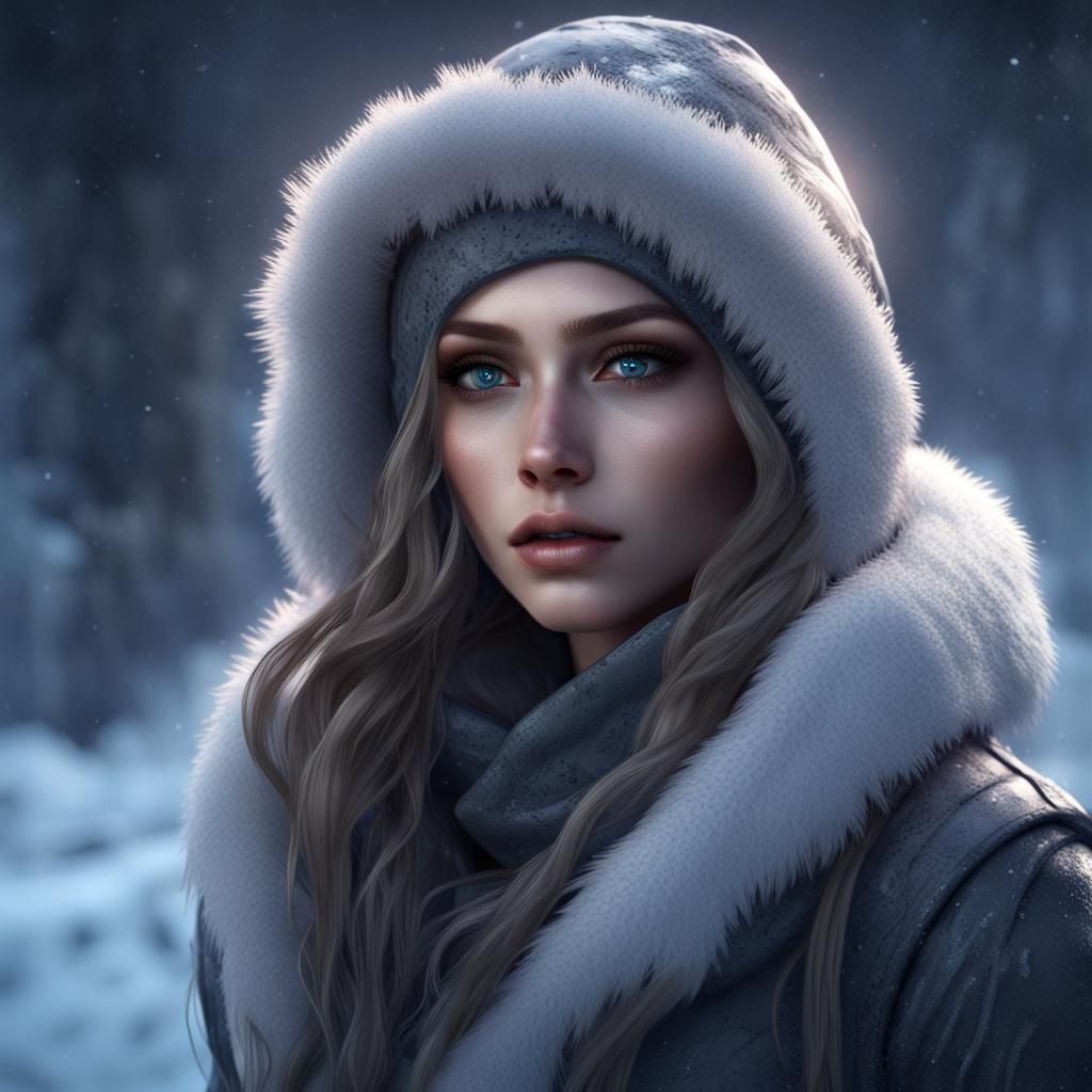 Winter Goddess with Snowy Background in Fantasy Art Style