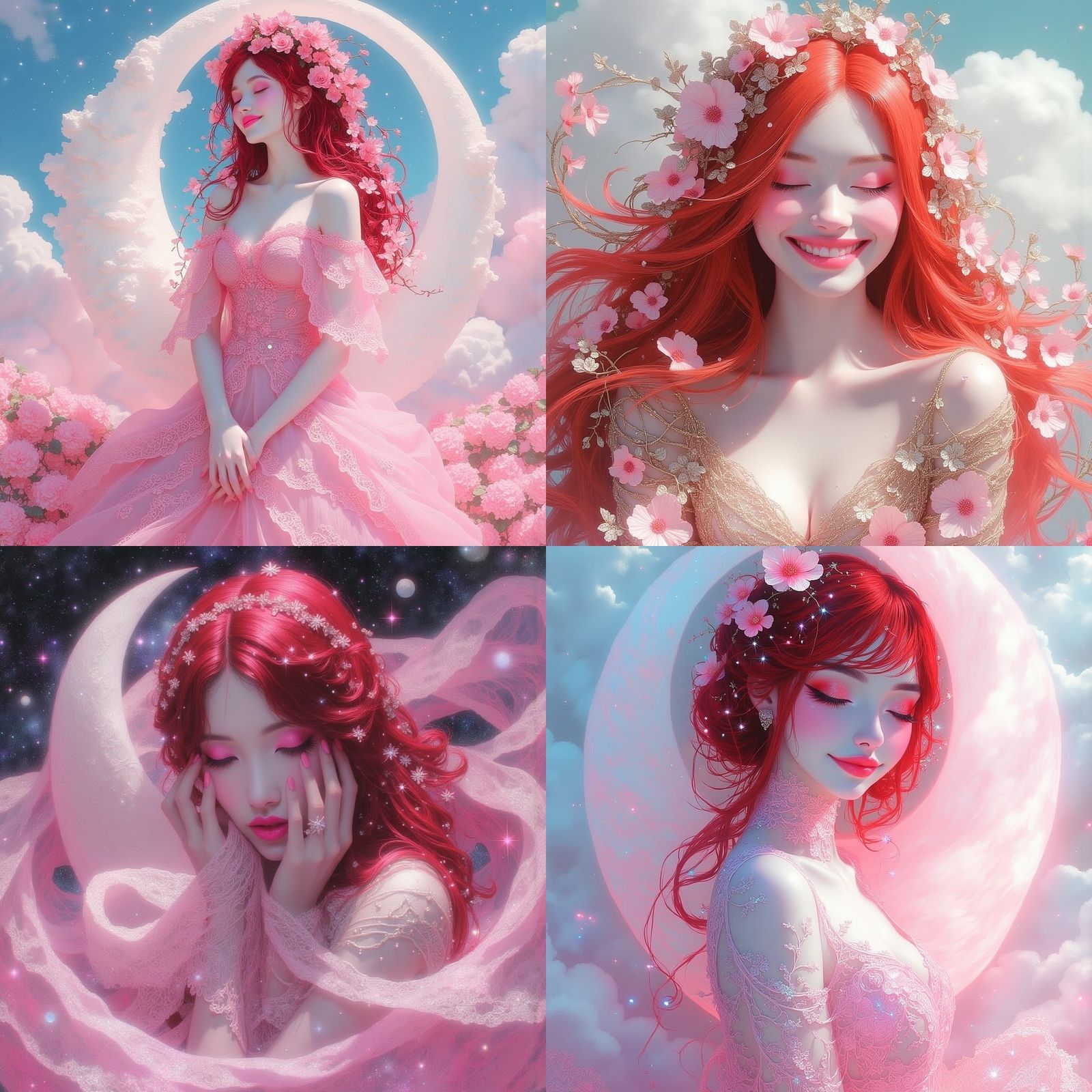 <lora:HoldTheNight:1.0>  Most beautiful woman with pale skin, red hair, fully clothed in a flowing, intricate outfit, wi...