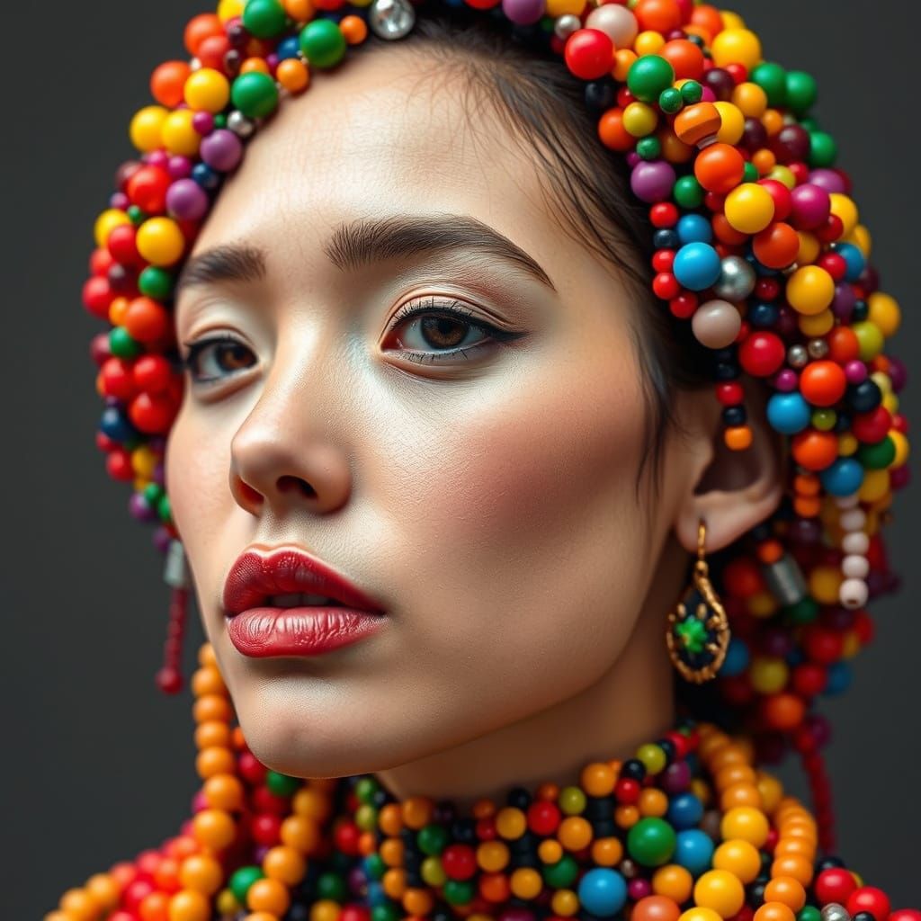 Vibrant Beaded Portrait in Pop Surrealist Style