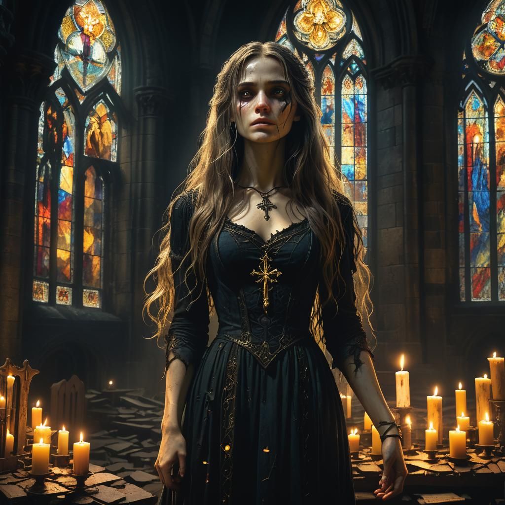 Eerie Woman in Ruined Church, Dark Fantasy Illustration