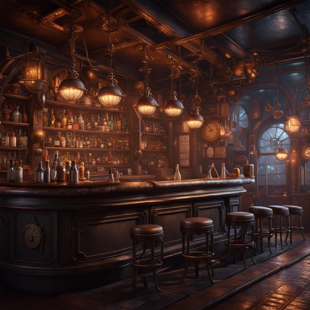 Steampunk Bar Interior in Detailed Matte Painting Style