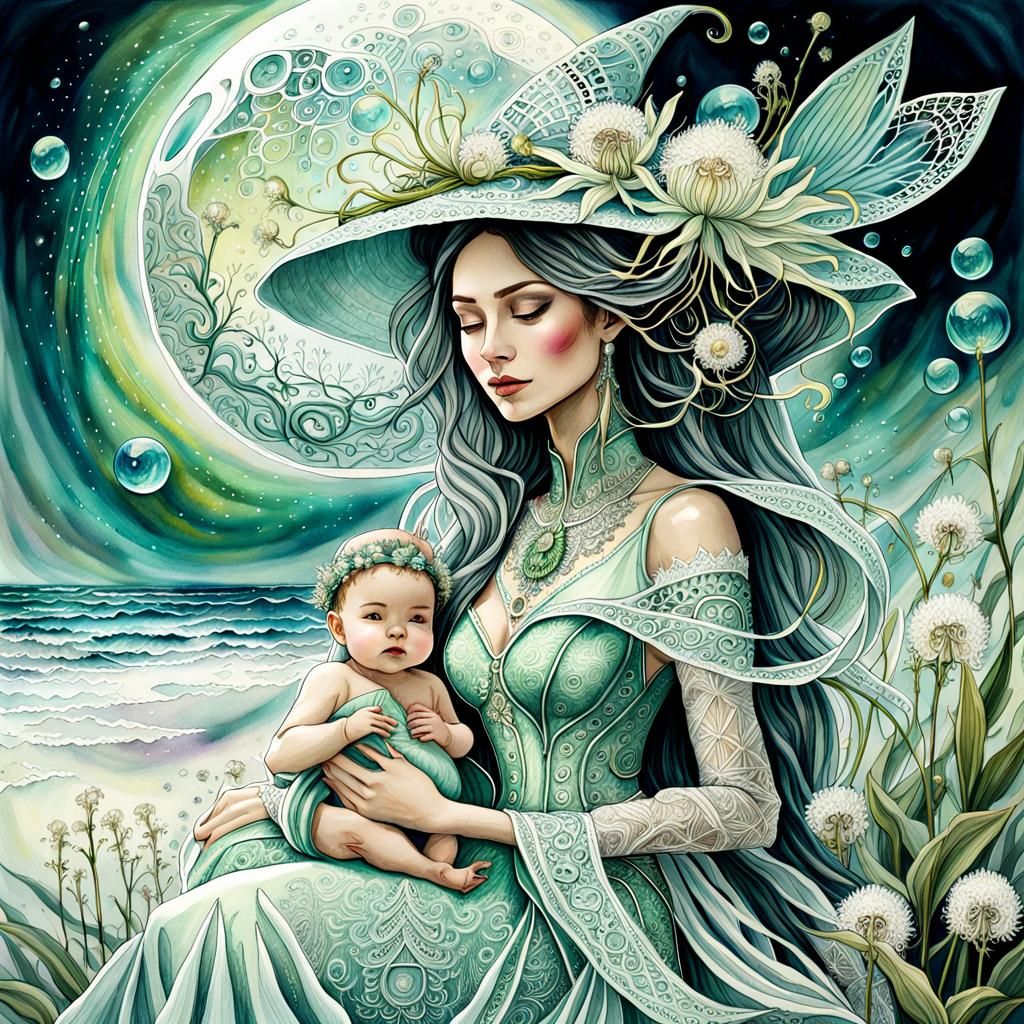 Mythical Nymph Mother and Baby Portrait in Watercolour