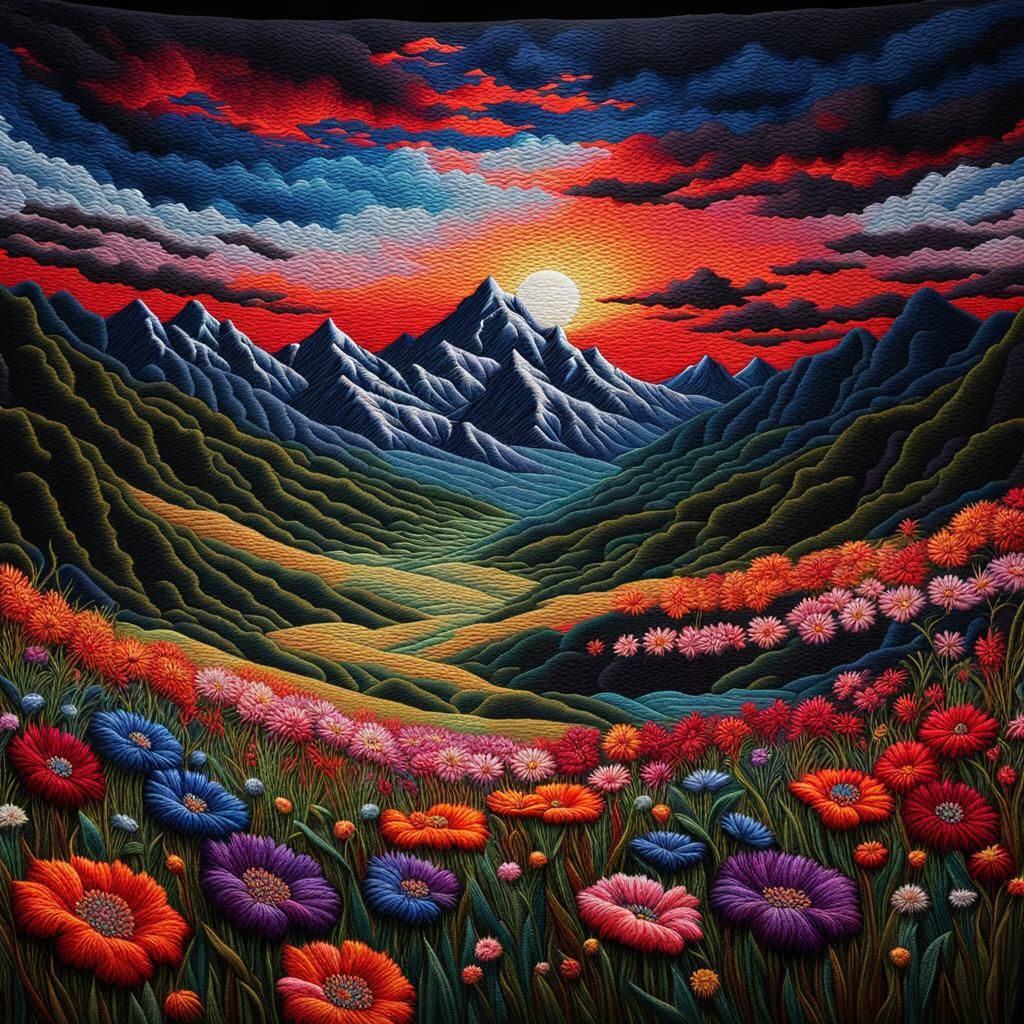 Embroidered Tapestry of a Flower Meadow at Sunset