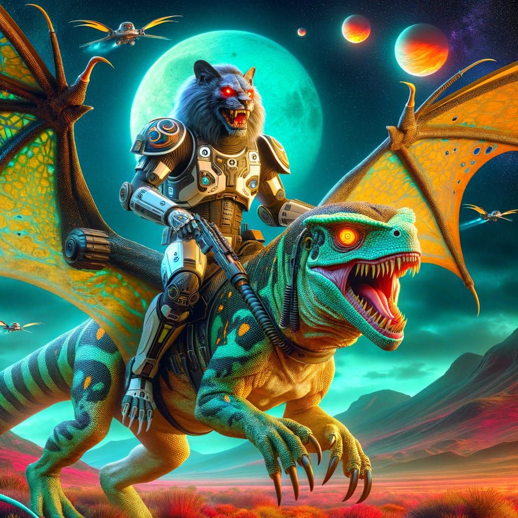 Cyberpunk Commander Liger on Winged Chameleon Dinosaur