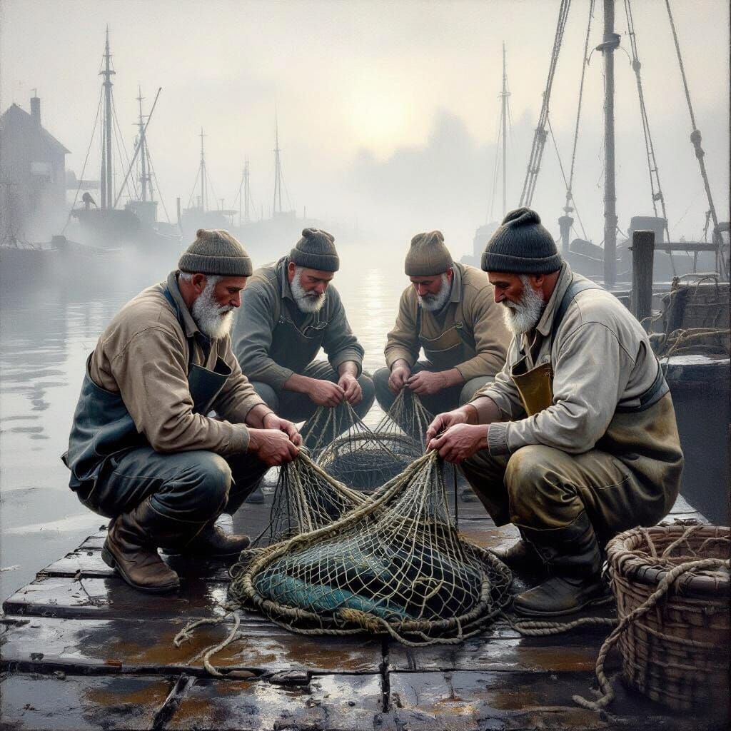 Fishermen Knit Nets on Misty Dock in Impressionist Style