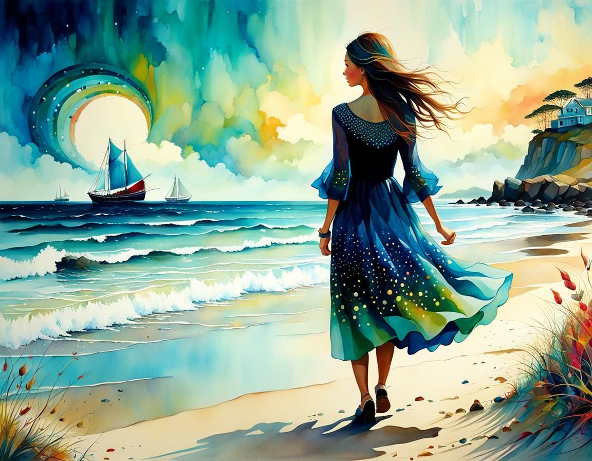 Magical Seashore Walk: Surreal Whimsical Illustration