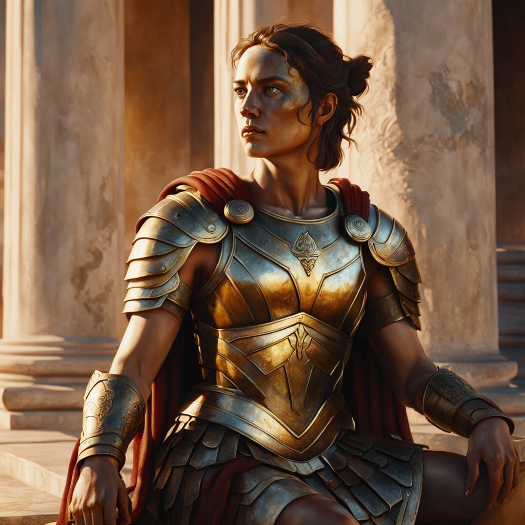 Greek Warrior Woman in Golden Light: Oil Painting