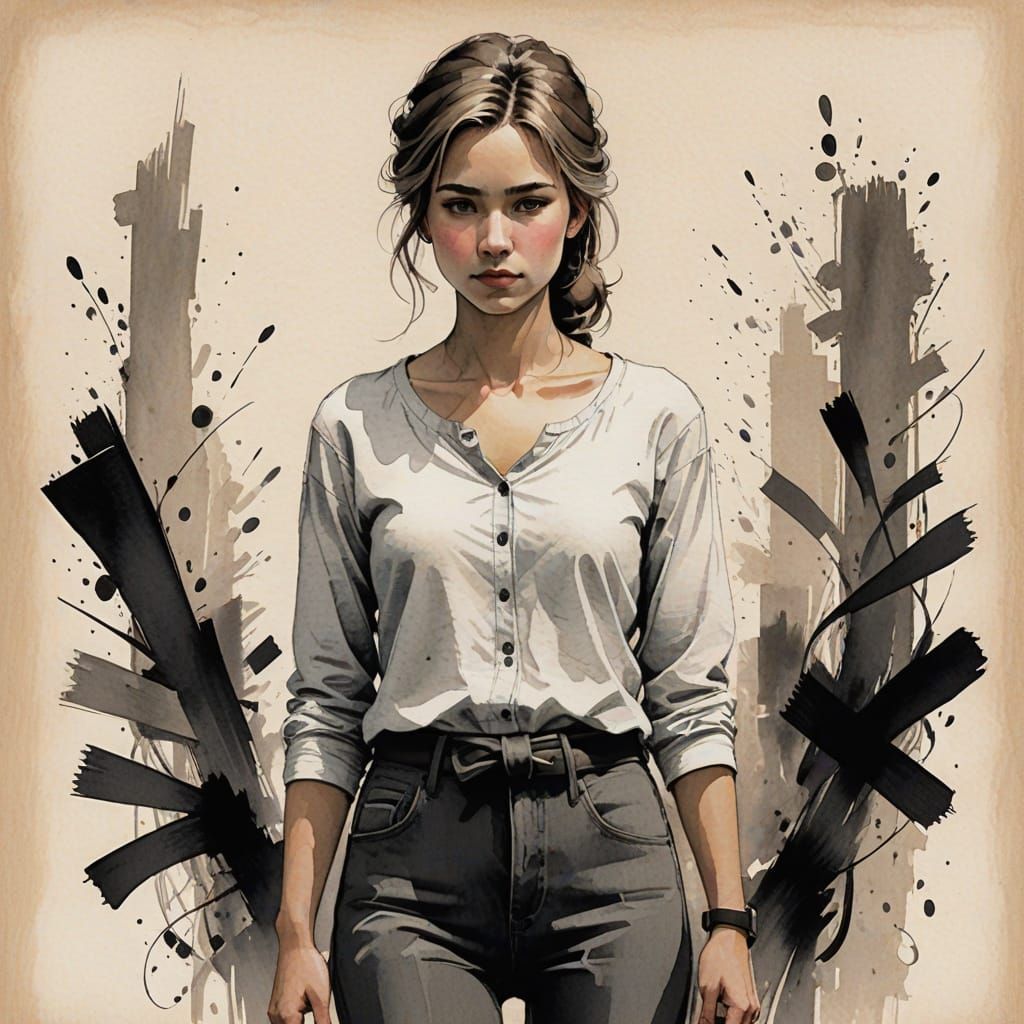 Elegant Woman in Ink Wash Painting on Rice Paper