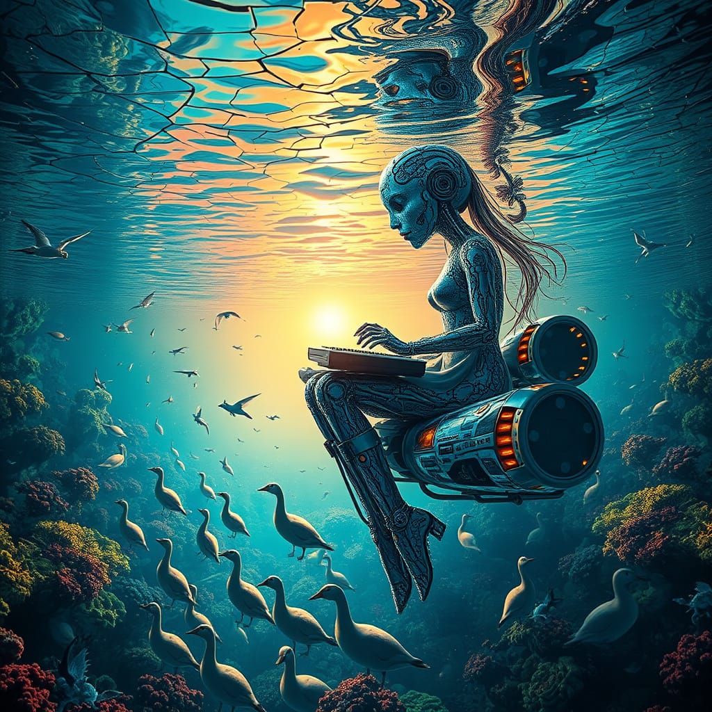 Surreal Underwater World with Fractal Figure and Marine Life