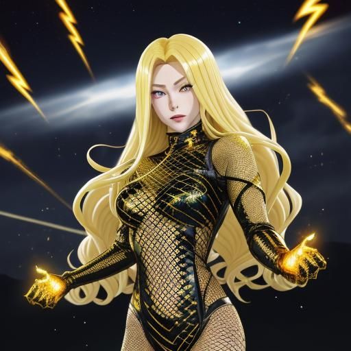 female villain (long blonde:1.7) anime in (fishnet golden body suit:1,7) using her superpower (calling lightning in her ...