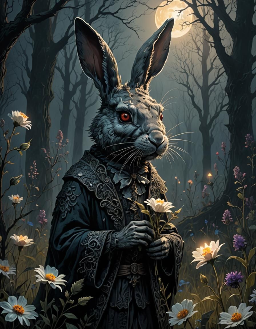 Undead Rabbit in Dark Forest with Dutch Lighting