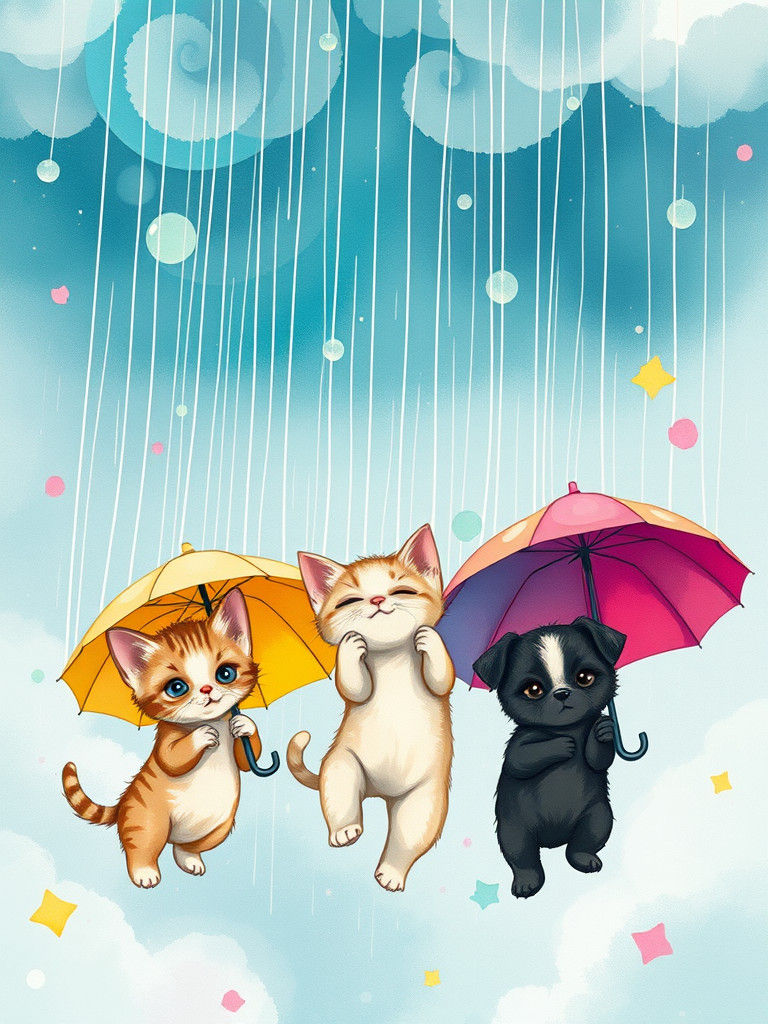 Kittens and Puppies in Rainy Sky, Cartoon Style