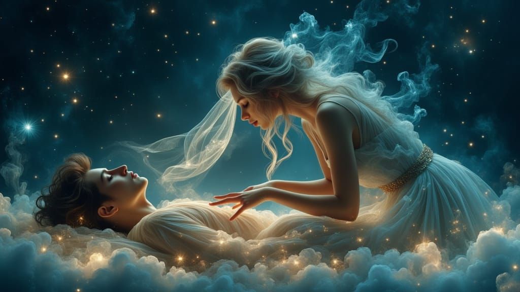 Ethereal Woman Comforts Man Under Starry Sky