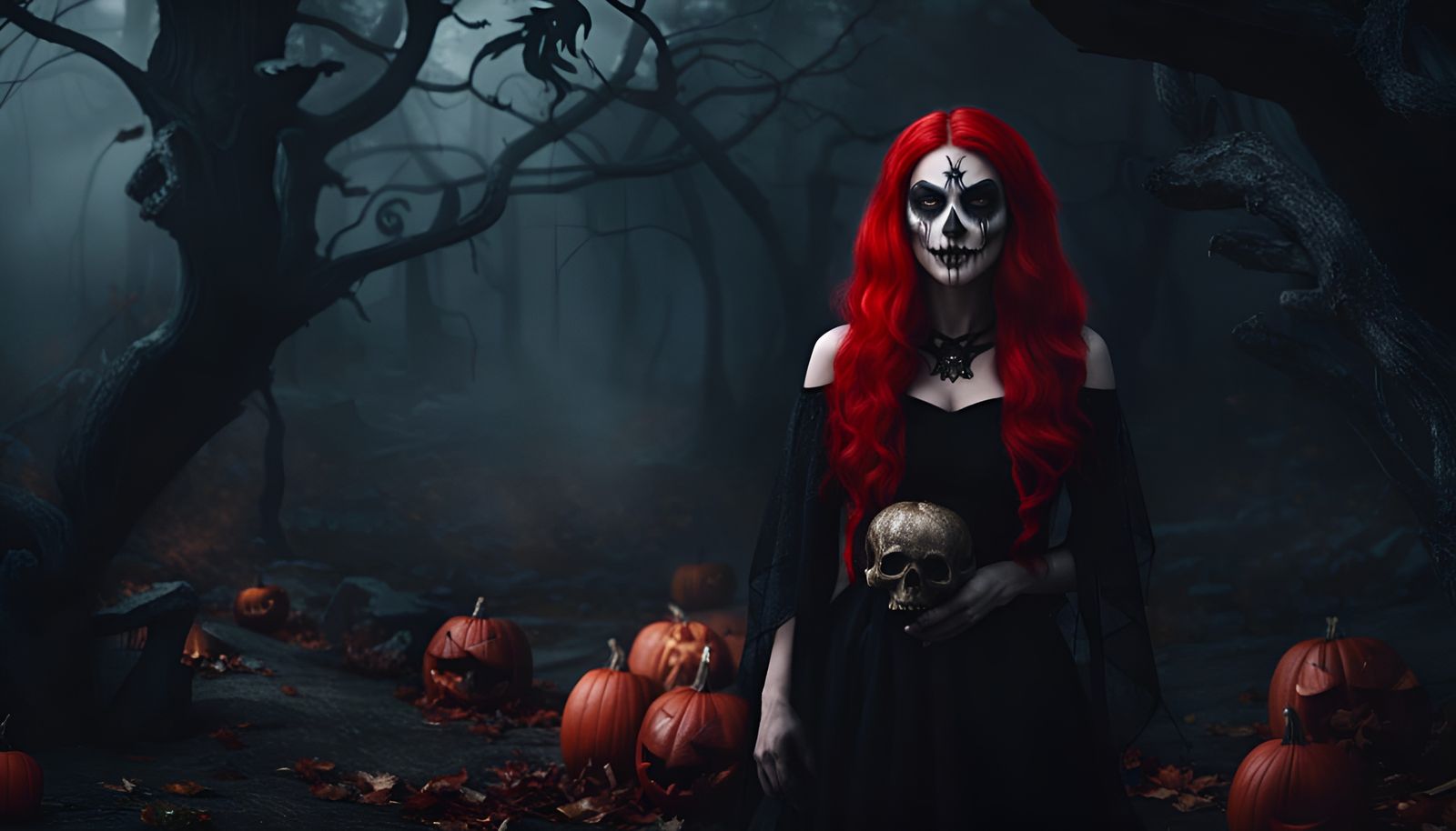 Girl in Witch Costume Licking Skull Illustration