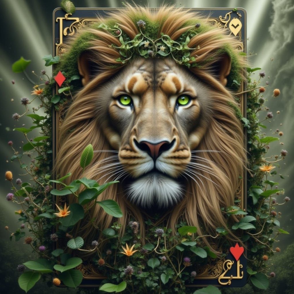 Majestic Green Lion in Mossy, Viny Paradise