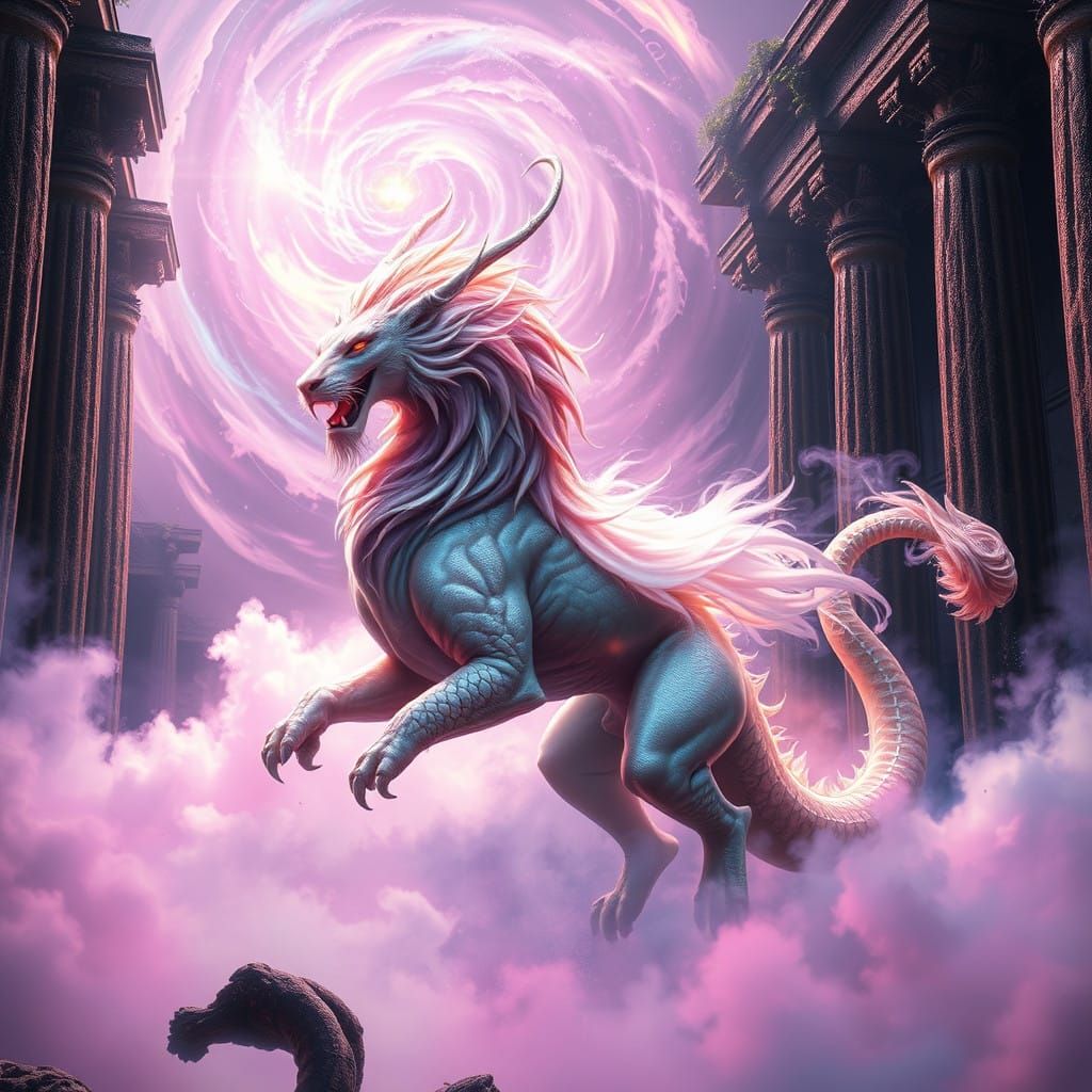 Majestic Chimera Rises from Ancient Ruins in Hyper-Realistic...