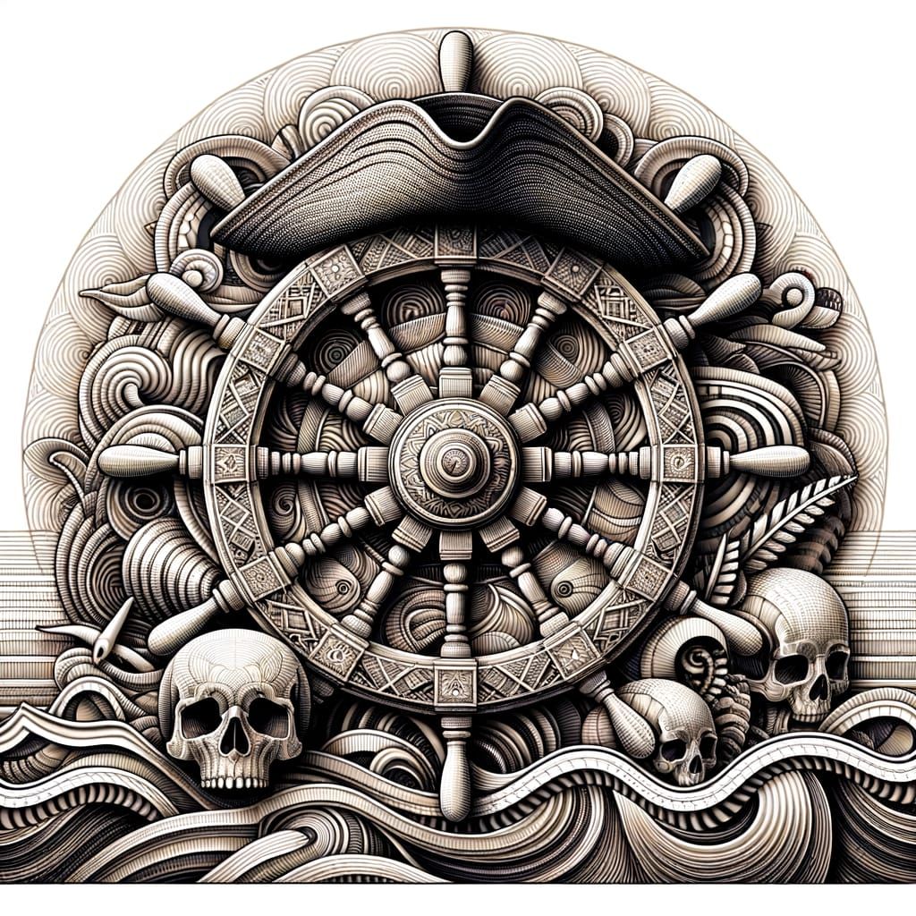 Detailed Carved Ship's Wheel with Pirate Elements