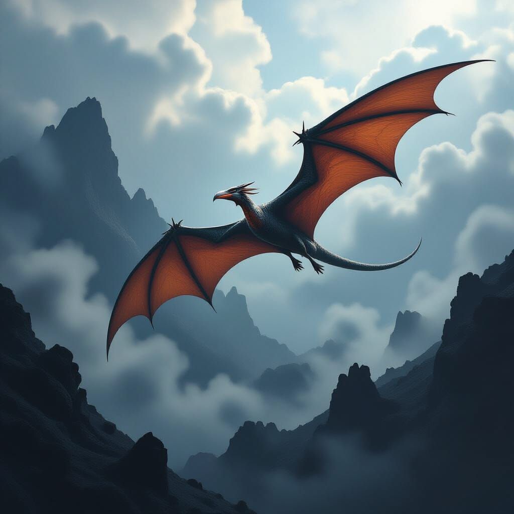 Pterodactyl Soaring Above Volcanic Landscape in Dark Fantasy...