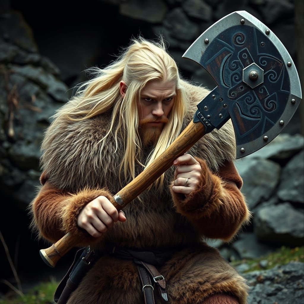 Medieval Barbarian Wields Great Axe in the Wild