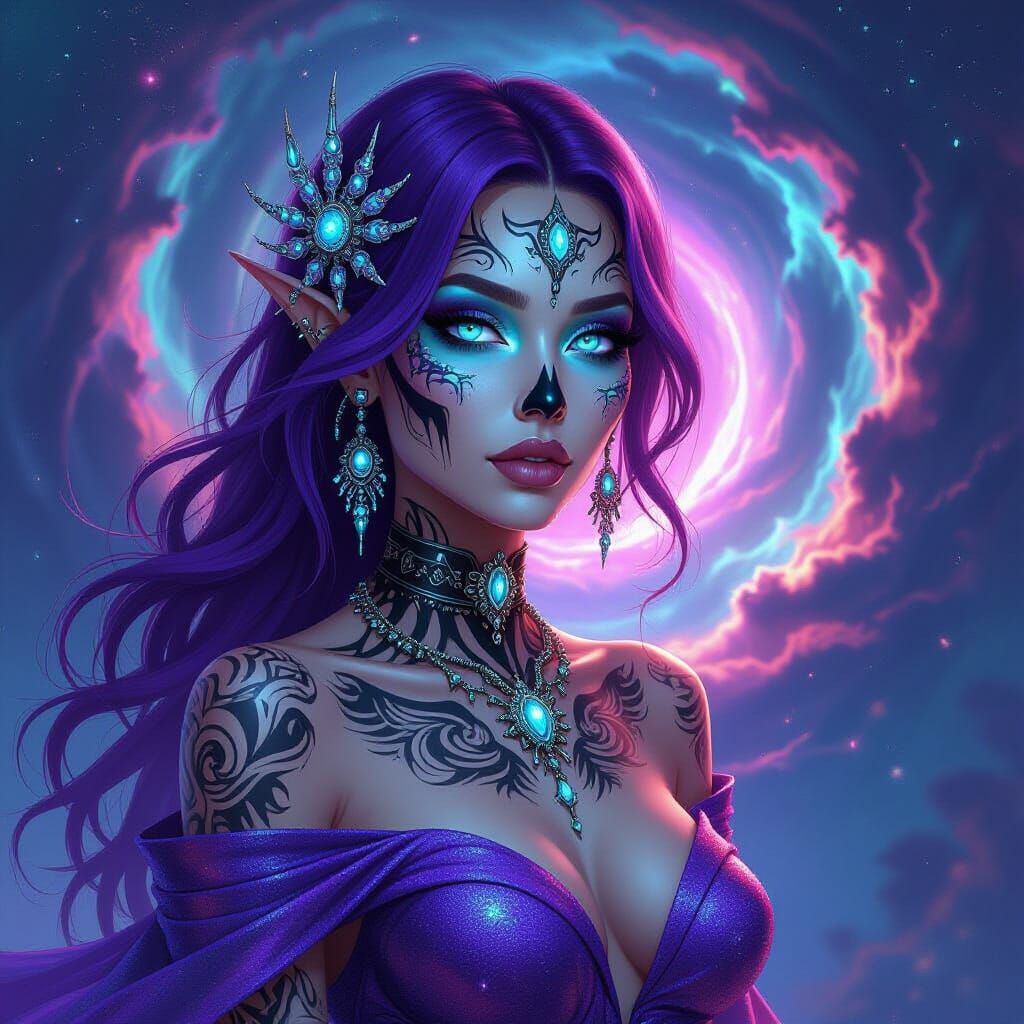 Skeleton Woman with Tattoos in Hyperrealistic Splash Art