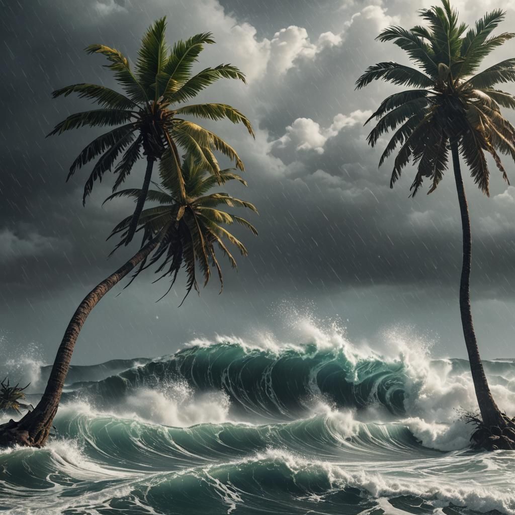 Palm Trees in Hurricane, Detailed Matte Painting