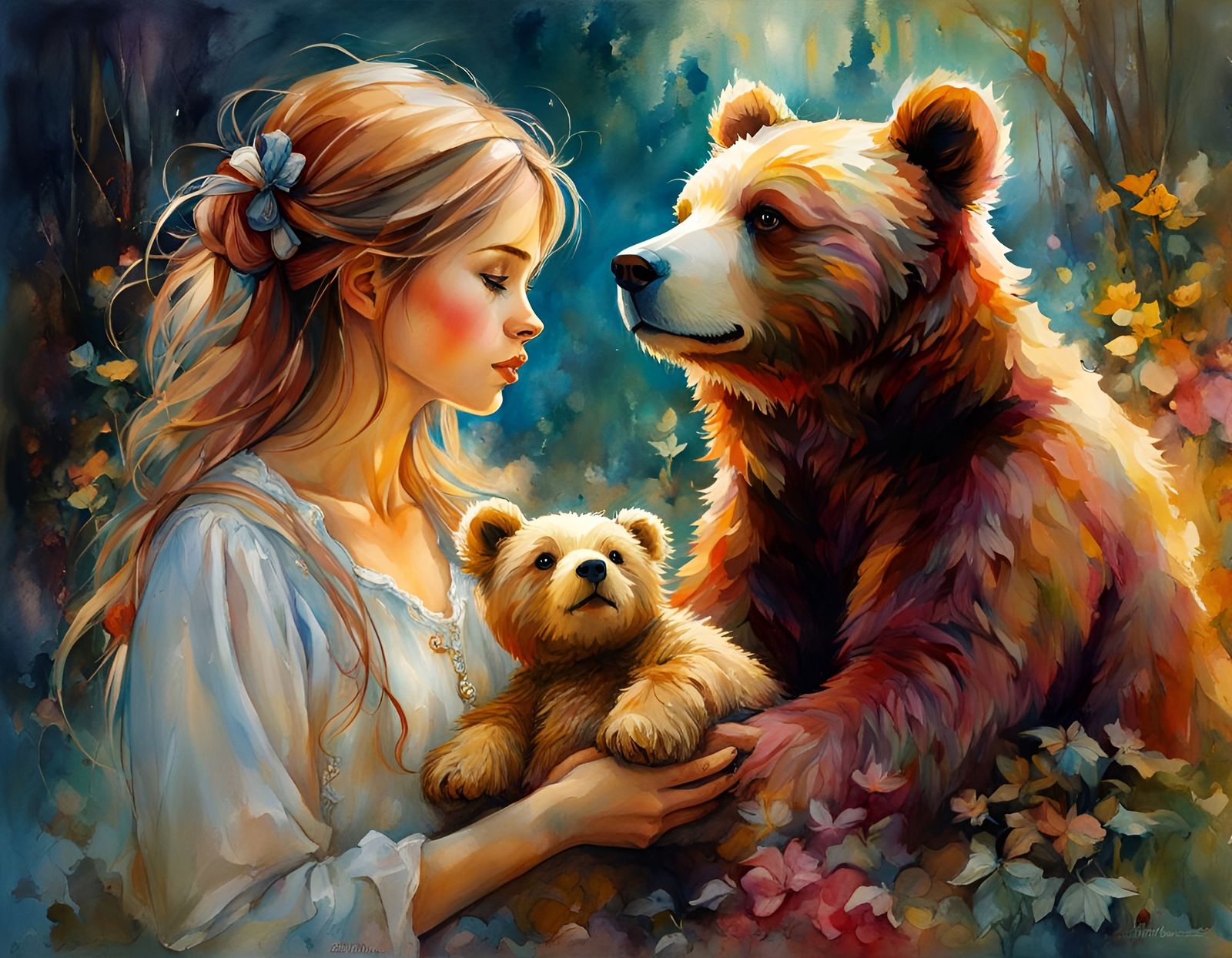 Girl and Teddy Bear in Watercolor Style