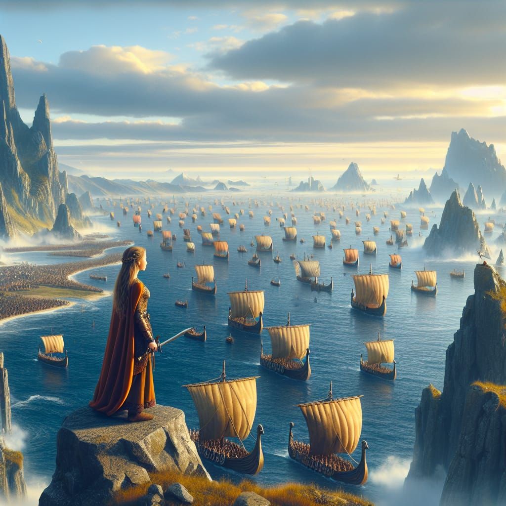 A Viking princess maiden standing on top of a high rock watc...